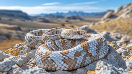 Obraz premium A close-up of a coiled snake resting on rocky terrain with a mountainous landscape in the background