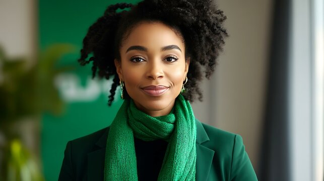 African American woman attending a virtual business meeting, green-themed virtual backdrop for St. Patrickâ€™s Day celebration, wearing a green scarf
