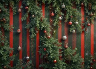Snowy evergreen forest scene with vertical red and green stripes background decorated with pine branches and ornaments, holiday background, festive decoration, ornament