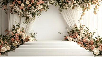  an elegant and sophisticated wedding stage setup ,  The layout features a series of white steps leading up to a platform, framed by luxurious white drapery