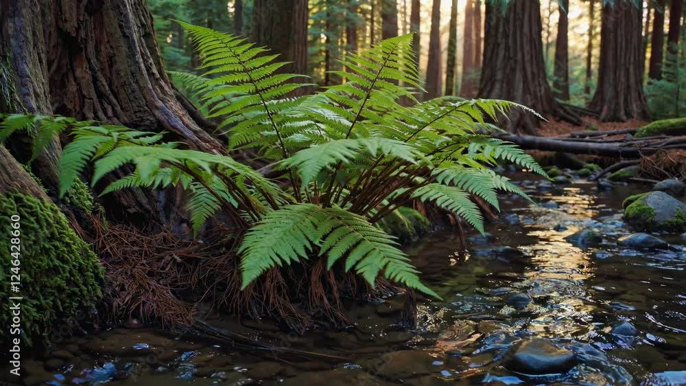 Aufkleber Sunlight filters through trees beside a serene stream featuring lush ferns in a tranquil forest setting