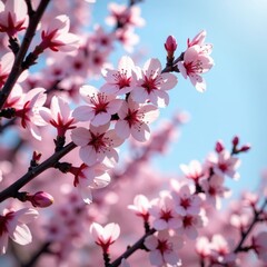 soft pink hue of willow blooms against blue sky, blue, bloom