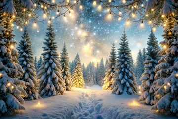 Fototapeta premium Snowy forest scene with snow-covered trees and twinkling lights, winter wonderland, forest ambiance, frosty evening