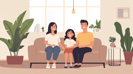 Happy family sitting together on a cozy sofa, smiling and enjoying quality time, symbolizing love, unity, and happiness at home.

