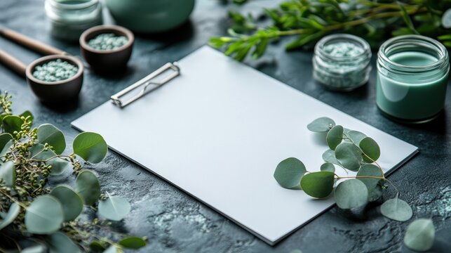 Spa menu mockup, green, eucalyptus, textured background