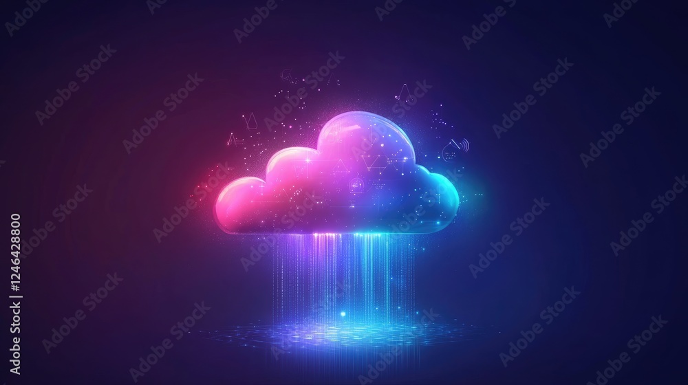 Poster cloud computing data transfer concept with holographic icons and futuristic light trails.