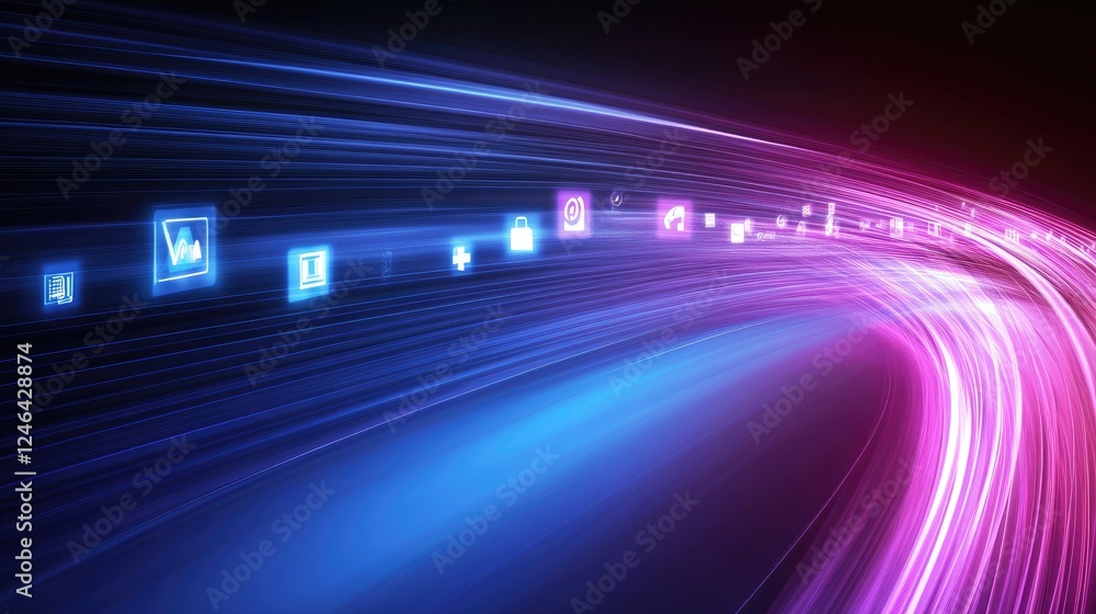Poster cloud computing data transfer concept with holographic icons and futuristic light trails.