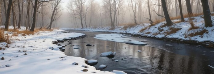 Snowy riverbank with deer tracks leading into the forest, wildlife, snowflakes, winter, wilderness