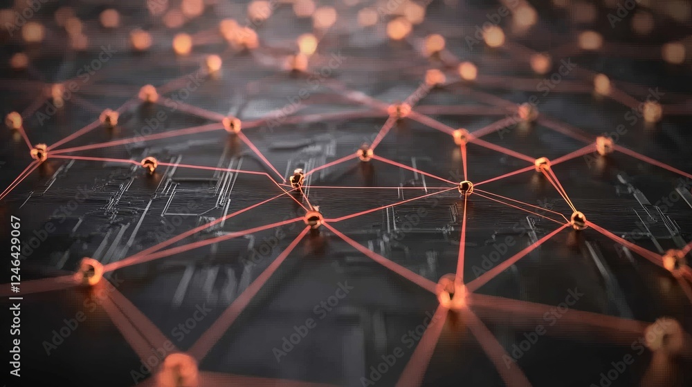 Poster cloud computing infrastructure with interconnected digital servers and data processing.