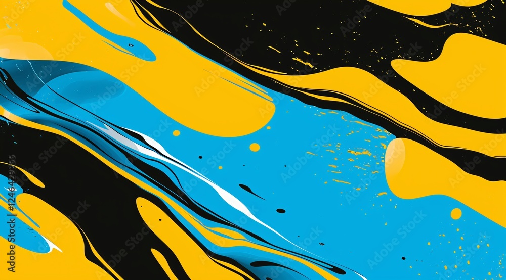 Poster colorful abstract design featuring flowing yellow, blue, and black shapes creating dynamic movement.