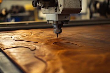 CNC cutting machine operates on leather for precision manufacturing at modern production facility