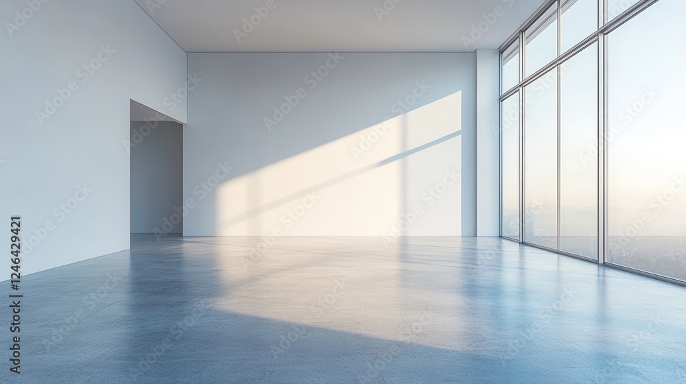 Poster minimalist room with large window showcasing city view and smooth white gradient backdrop