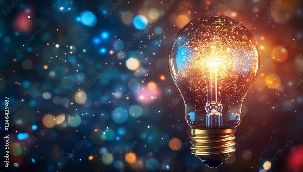 Aufkleber glowing idea bulb exploding with light, sparkly background