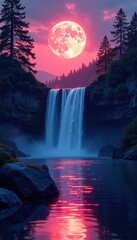 A tranquil waterfall scene illuminated by a full moon's soft pink light at sunset, serenity, tranquil