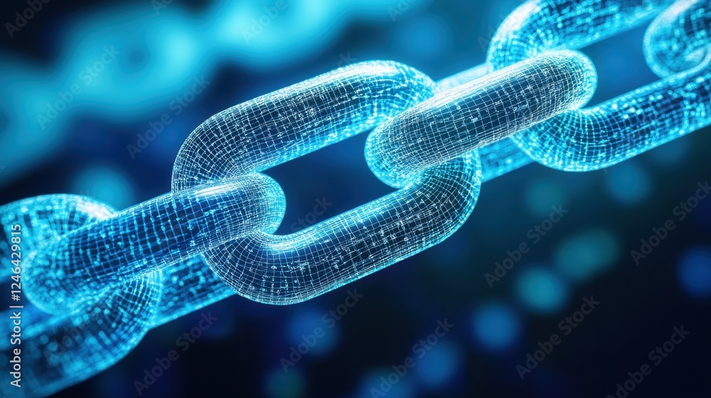Poster a digital twin representation of real-world assets on a blockchain, glowing in a tech environment.