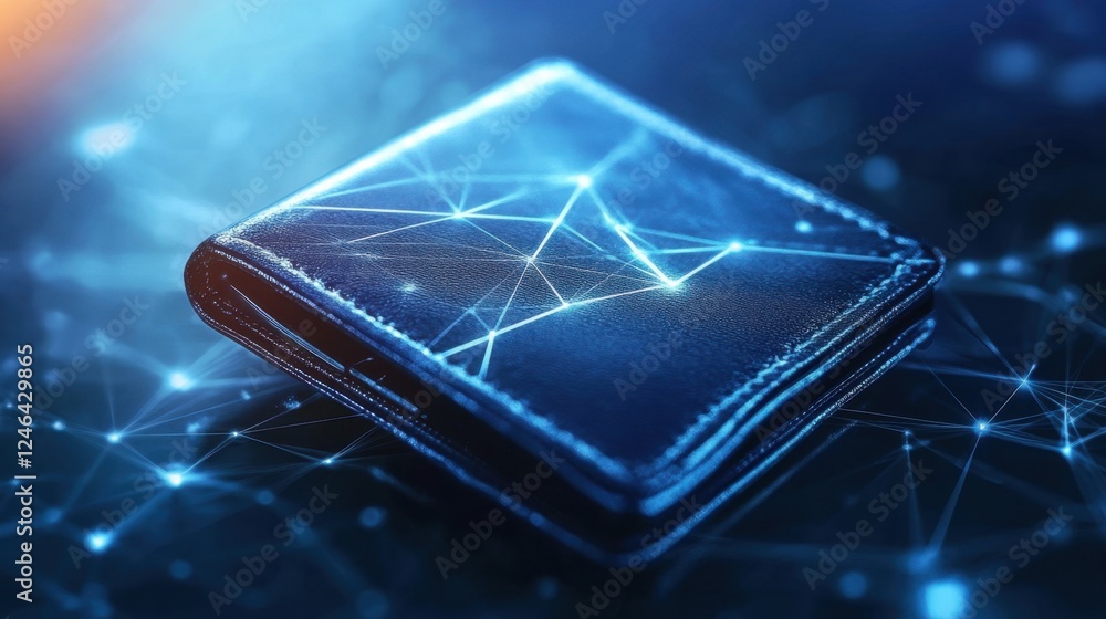 Poster a digital wallet with blockchain-powered financial transactions glowing in a high-tech setting.