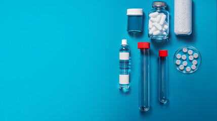 A collection of medical tools and supplies arranged on a blue background. 
