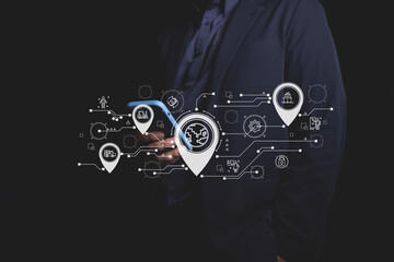 Businessman using smartphone with futuristic global location network overlay