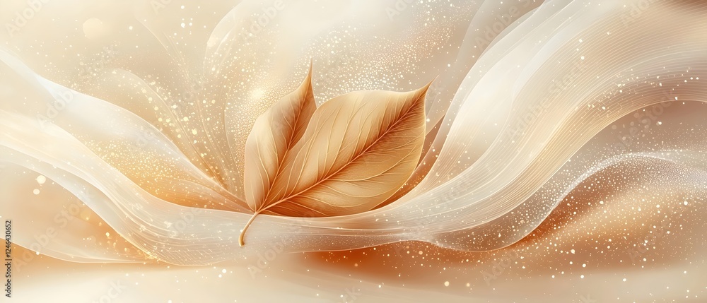 Poster a delicate golden leaf gently rests on soft, flowing wisps of cream and peach fabric, shimmering wit