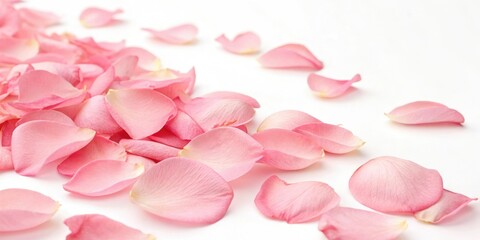 Obraz premium Soft pink rose petals scattered on a white background, peaceful setting, soft pink rose, sweet color