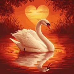 A vector illustration of an elegant swan gliding across a heart-shaped pond at sunset.