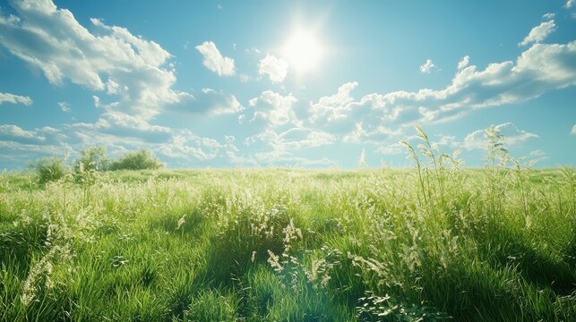 Vibrant green meadow with grass under a clear blue sky and sunlight shining in the background