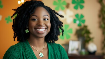 Black professional woman participating in a video conference, St. Patrickâ€™s Day-themed virtual backdrop, smiling brightly