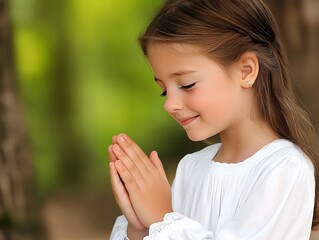 Obraz premium First Holy Communion: Young Girl in White Dress with Floral Crown Praying. Holy Communion Card
