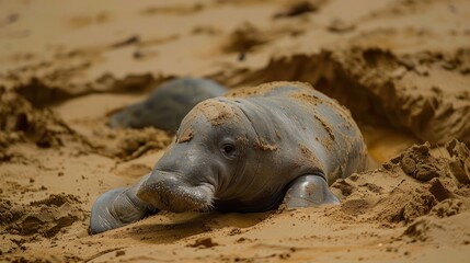 Young marine mammal resting on sandy shore, surrounded by natural landscape, with gentle waves