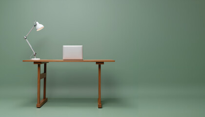 Fototapeta premium Minimalist wooden desk with laptop and lamp in a modern workspace