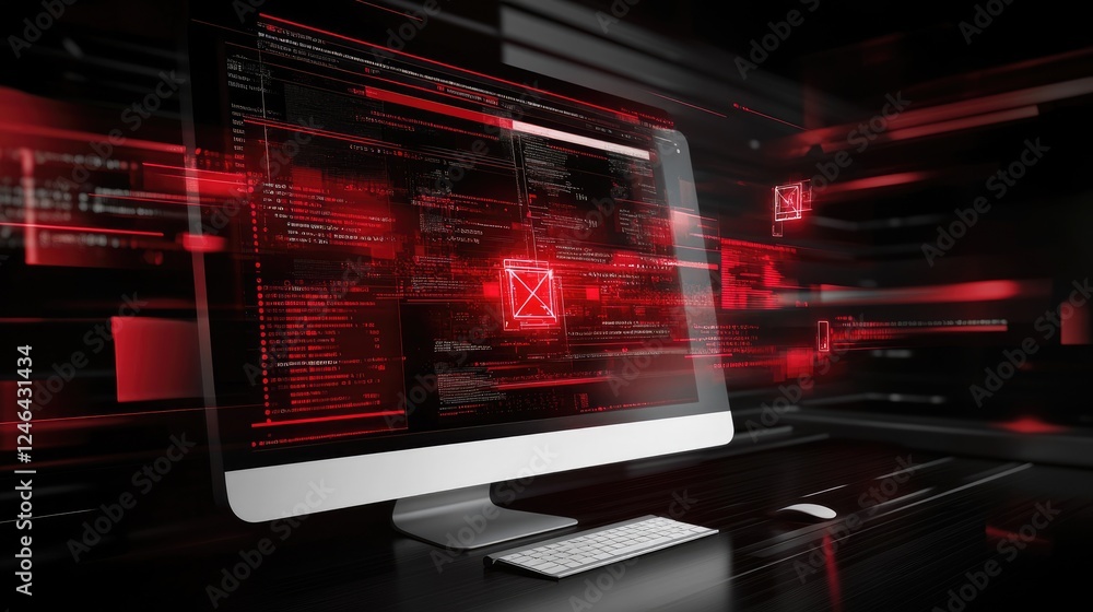Poster cybersecurity concept with a locked computer screen and encrypted data symbols.