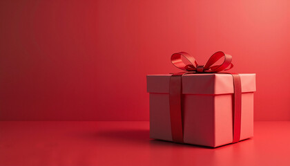 Obraz premium Red gift box with ribbon on a red background for celebration and surprises