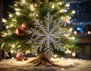 Sparkly snowflakes fall gently around a festive Christmas tree, winter wonderland, snowy scene