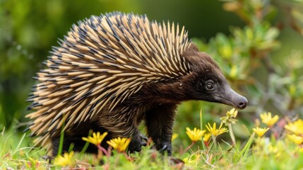 Close-up of an echidna foraging among vibrant yellow flowers in a lush green environment