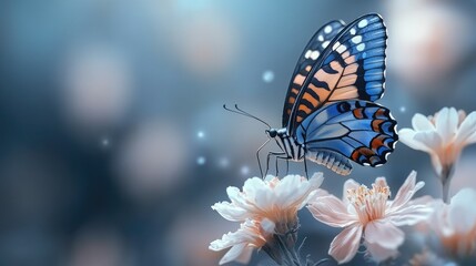 Obraz premium Blue Butterfly Resting on Delicate White Flowers