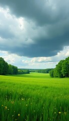 Obraz premium Dark clouds gather over a lush meadow field under grey skies, fields, trees