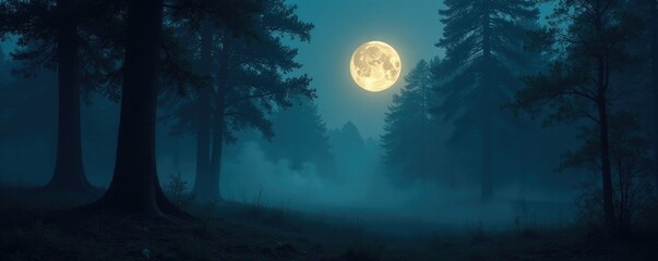 Dark forest with a glowing moon and misty atmosphere, mysterious, forest, shadows