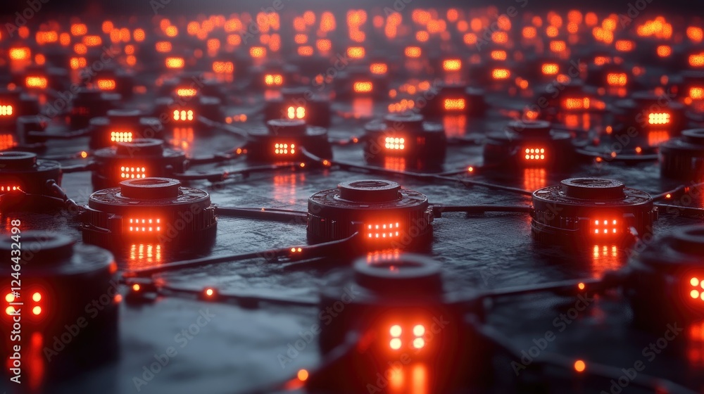 Poster decentralized network visualization with cryptocurrency nodes and glowing blockchain connections.