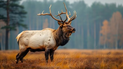 Fototapeta premium Majestic elk standing in a serene autumn landscape with tall trees and golden grass