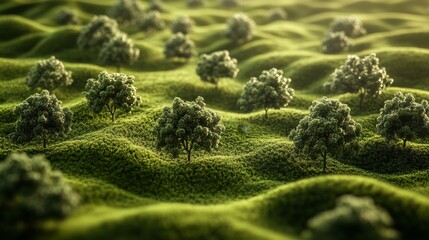 Lush Green Landscape with Isolated Trees and Rolling Hills