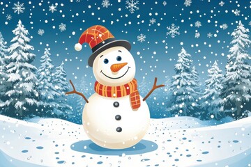 Fototapeta premium Snowman wearing a red hat and scarf in a peaceful winter landscape with snow-covered trees and blue sky