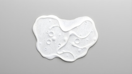 Fototapeta premium White foam with bubbles on grey background, top view. Generative AI