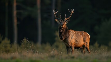 Fototapeta premium Majestic stag standing in a sunlit meadow surrounded by trees at dusk, showcasing nature's beauty