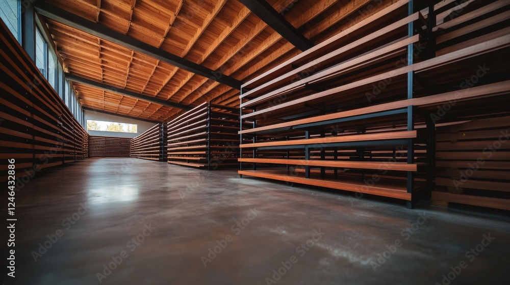 Aufkleber Library interior features towering wooden shelves illuminated by soft, cool light, creating a tranquil atmosphere with floating dust motes and inviting space