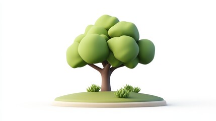 Cartoon Style Tree with Green Foliage on a Simple Base