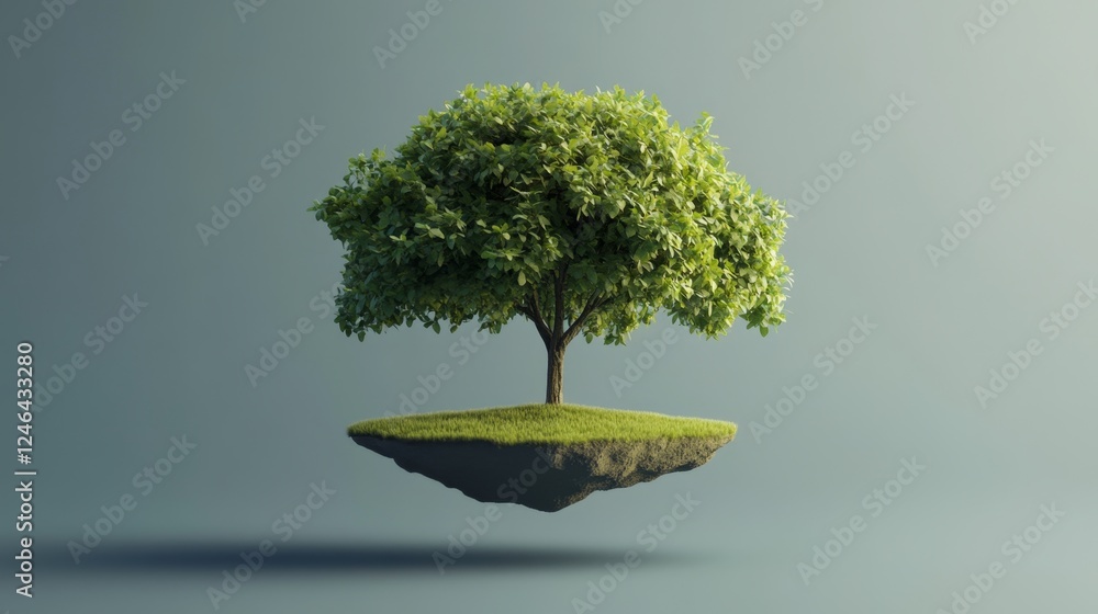 Poster Floating Green Tree on Isolated Patch of Grass with Soft Background