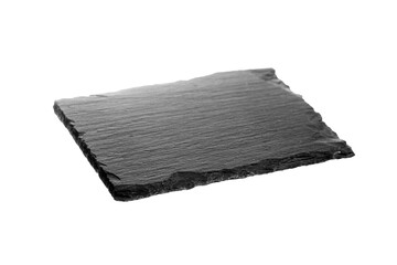 A rectangular black slate stone slab with rough, uneven edges and a textured surface, isolated on a white background. Ideal for serving