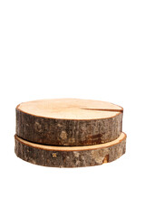 Two Stacked Wooden Log Slices with Natural Bark and Cracks Isolated On White Background