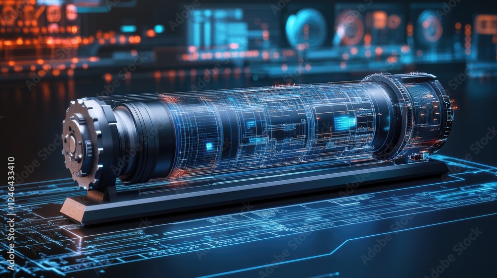 Poster digital twin concept with holographic machine blueprints and futuristic ui.