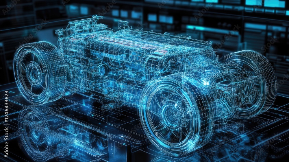 Poster digital twin concept with holographic machine blueprints and futuristic ui.